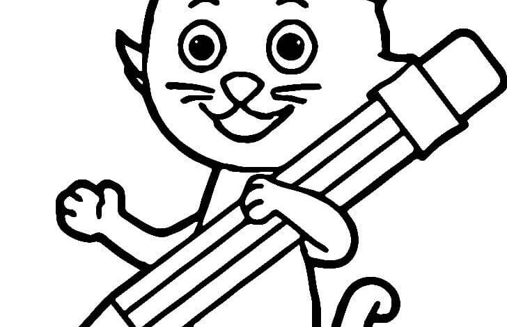 Cat Holding Pencil Coloring Page