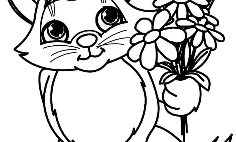 Cute Cat and Flower Coloring Page