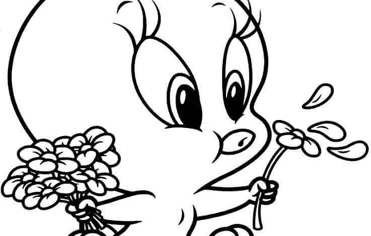 Cute Tweety Cartoon Flowers Coloring Page