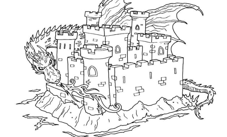 Dragon and Castle Coloring Page