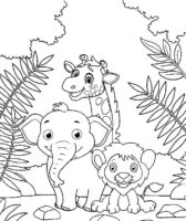 Forest Drawing Lion Elephant Giraffe Coloring Page