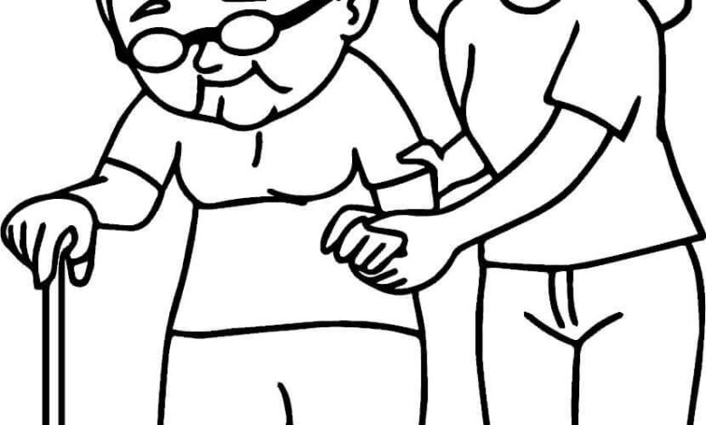 Free Kindness Helping Elderly Coloring Page