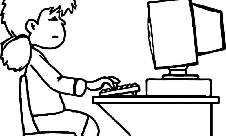 Girl Playing Laptop Coloring Page