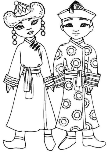 Kyrgyz Traditional Clothes Married Couple Coloring Page