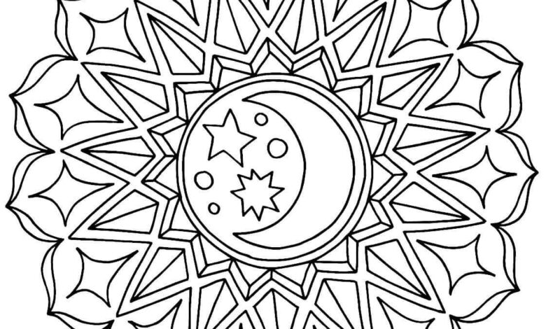 Moon Star Space Flower Mandala Coloring Page