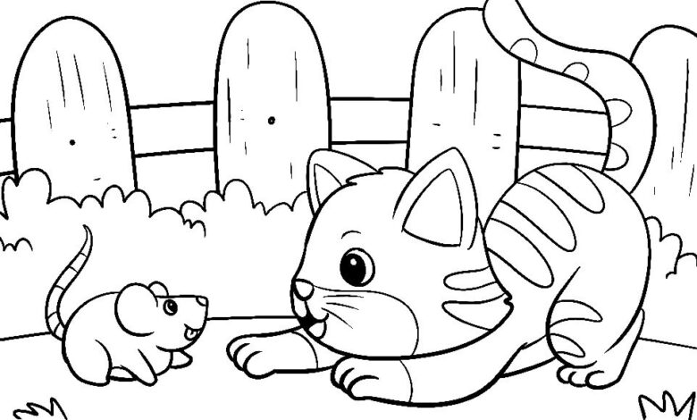 Mouse and Cat Coloring Page for Kids