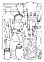 Kalemler, Fırçalar, Kalemlik, Renk Paleti, Ressam Boyama Sayfası