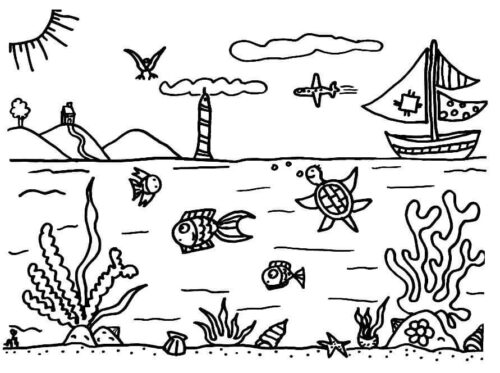 Submarine Animals Ship Airplane Bird Sun Turtle Moss Coloring Pages