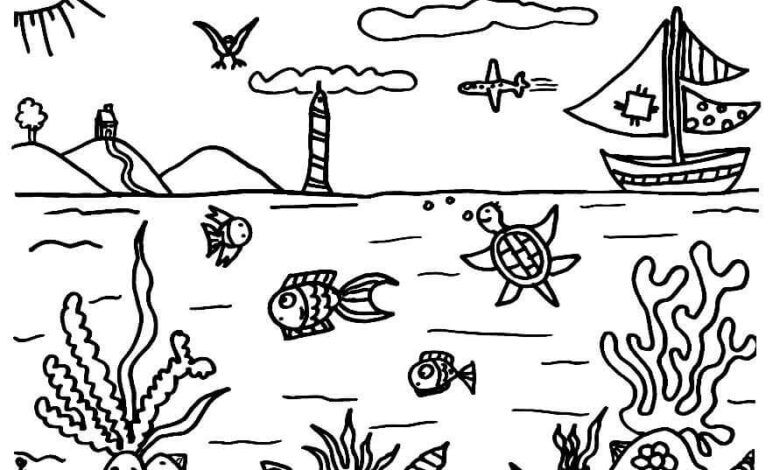 Submarine Animals Ship Airplane Bird Sun Turtle Moss Coloring Pages