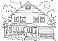 Tree and Sunny Detached House with Garden Coloring Page