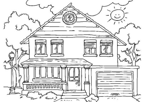 Tree and Sunny Detached House with Garden Coloring Page