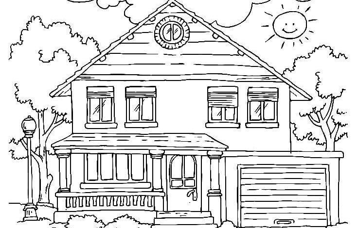 Tree and Sunny Detached House with Garden Coloring Page
