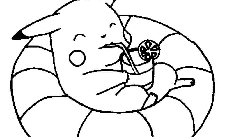 Pikachu Drinks A Cocktail And Basks in The Sun Coloring Page