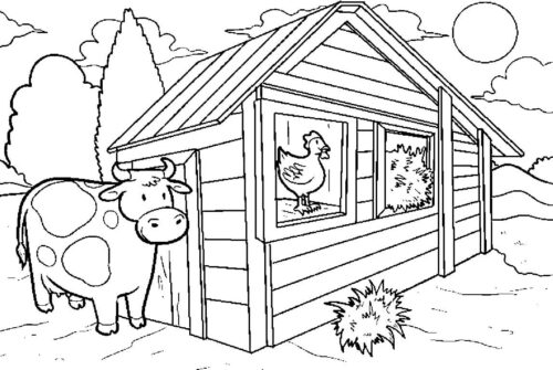 Coop Barn Chicken Rooster Cow Trees Sun Sky Coloring Page