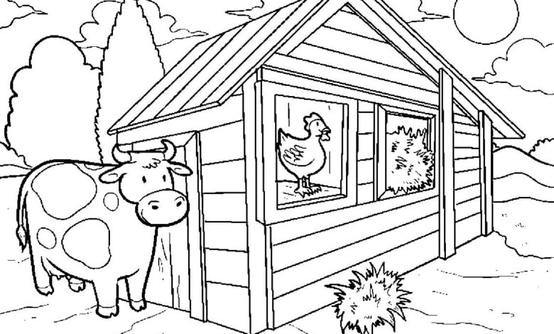 Coop Barn Chicken Rooster Cow Trees Sun Sky Coloring Page