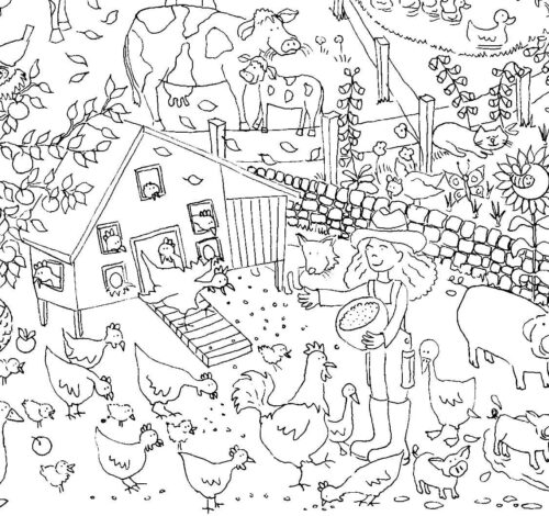 Cow Duck Cat Chicken Rooster Trees Coloring Page