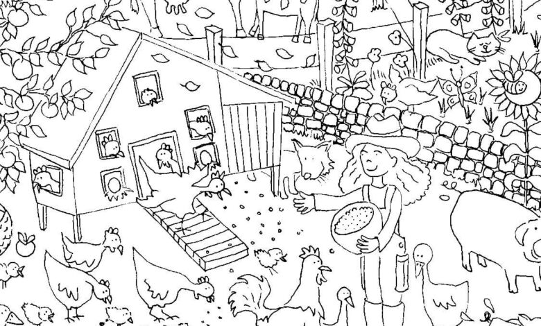 Cow Duck Cat Chicken Rooster Trees Coloring Page