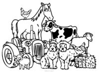 Cow, Tractor, Sheep, Cat, Chicken, Chick, Pig, Dog Trees Coloring Page