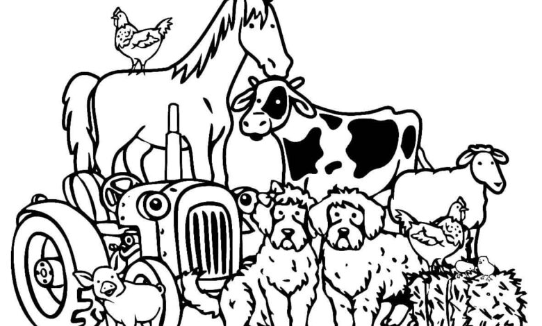 Cow Tractor Sheep Cat Chicken Chick Pig Dog Trees Coloring Page