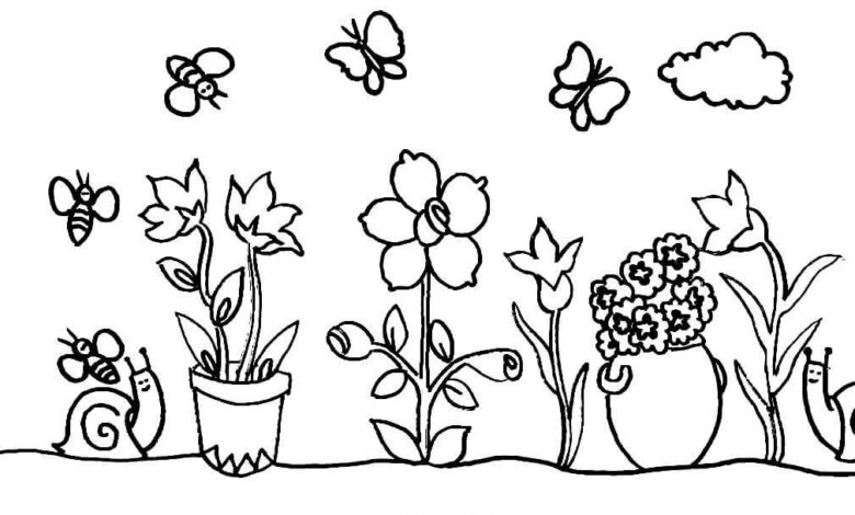 Potted Flowers Bee Butterfly Coloring Page