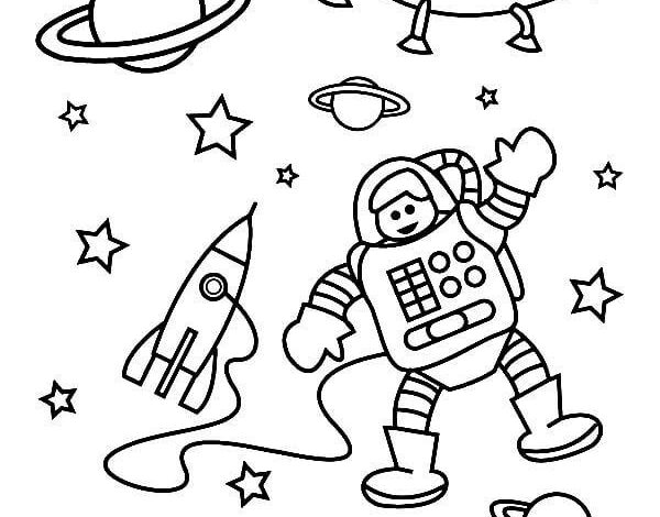 Astronaut Spaceship Planets Coloring Page