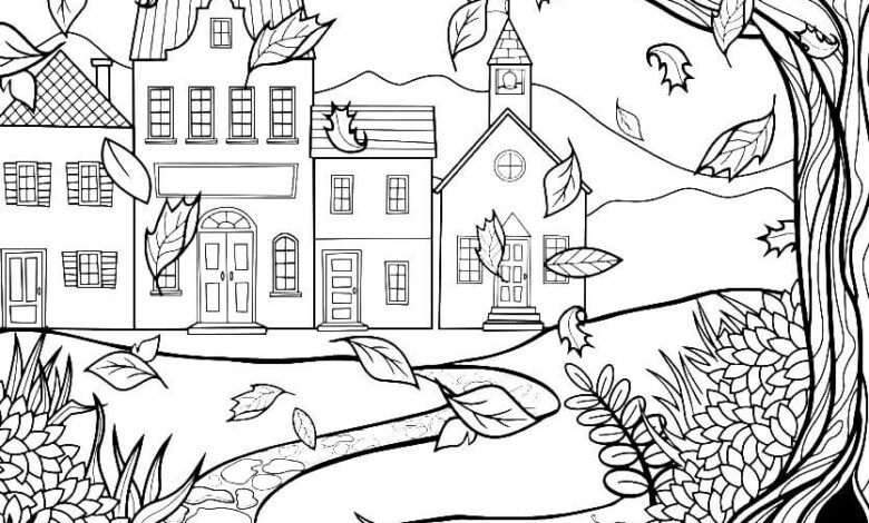 House Falling Leaves Fall Coloring Page