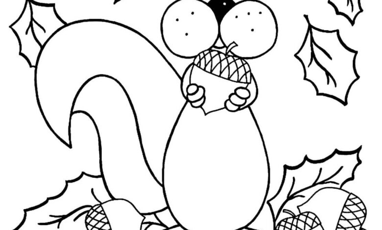 Squirrel Leaves Fall Coloring Page