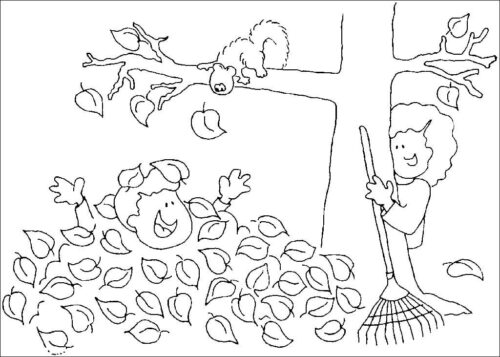 Squirrel Trees Fall Coloring Page