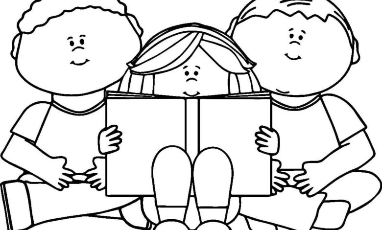 Book Reading Children Coloring Page