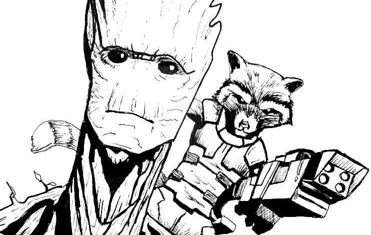 Rocket Raccoon and Groot Coloring Page