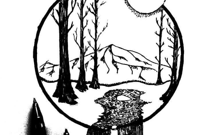 Night Forest Mountain Coloring Page