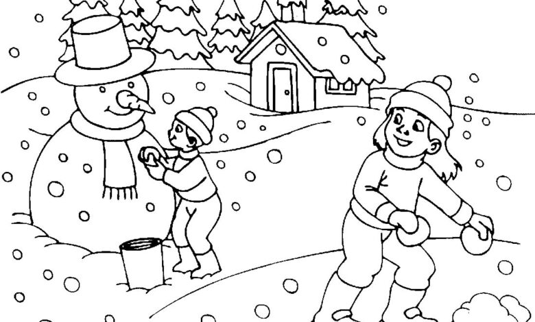 Winter Snowman and Snowball Game Coloring Page