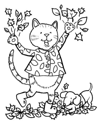Cat Dog Leaves Summer Coloring Page