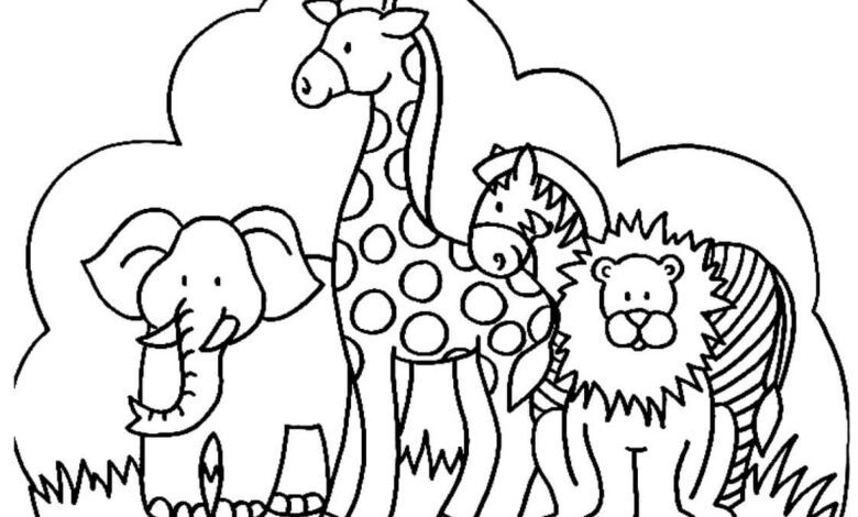 Elephant Zebra Giraffe Lion Summer Coloring Page