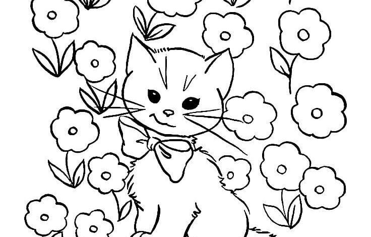Flowers Cat Kitten Coloring Page