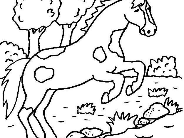Horse Trees Stream Summer Coloring Page