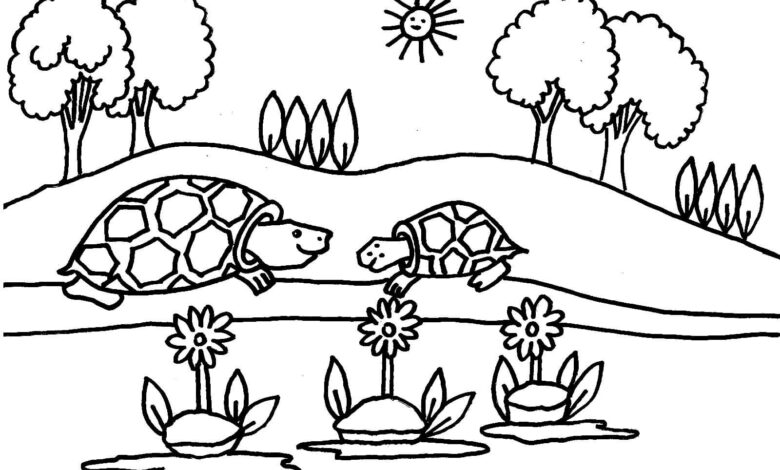 Turtles Trees Summer Coloring Page