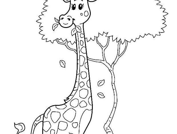 Cute Giraffe Long Tree Coloring Page