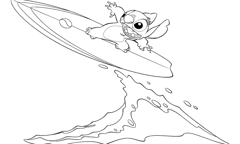 Stitch Surfing Coloring Page