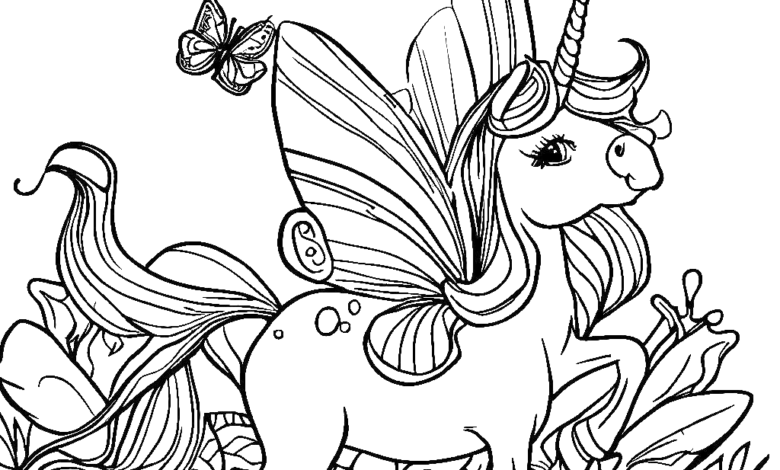 Unicorn Butterfly Nature Coloring Page