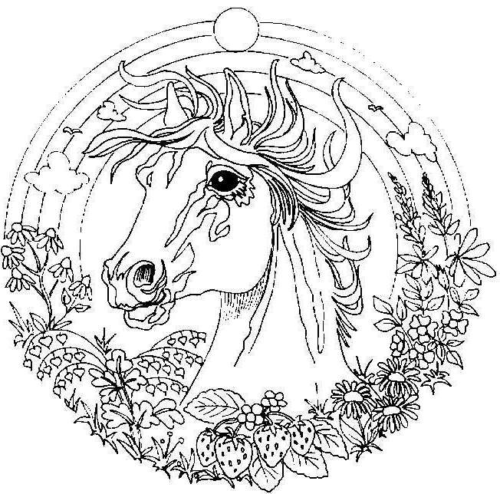 Flowers Strawberries Horse Mandala Coloring Page