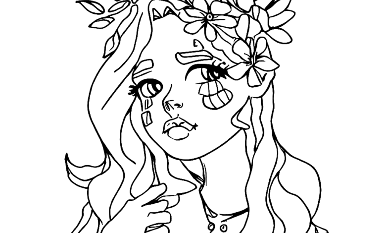 Girl Flowers Picasso Style Coloring Page