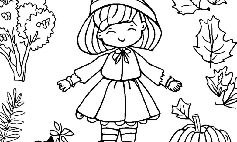 Leaves Girl Fall Coloring Page