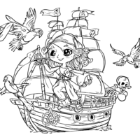 Pirate Girl Ship Birds Parrot Coloring Page