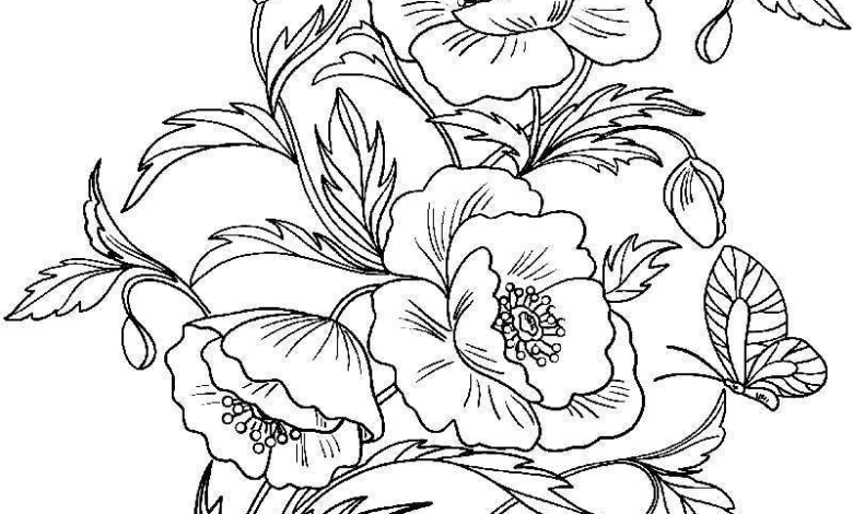 Poppies Butterfly Coloring Page