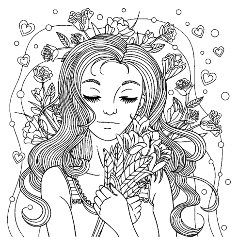 Pretty Girl Beautiful Colorful Flowers Bouquet Coloring Page