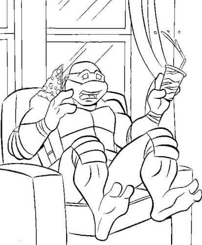 TMNT Michelangelo Armchair Eating Pizza Coloring Page