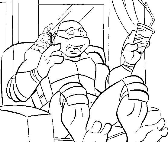 TMNT Michelangelo Armchair Eating Pizza Coloring Page