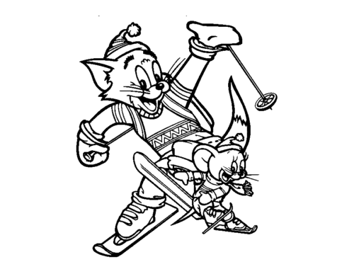 Tom Jerry Ski Winter Coloring Page