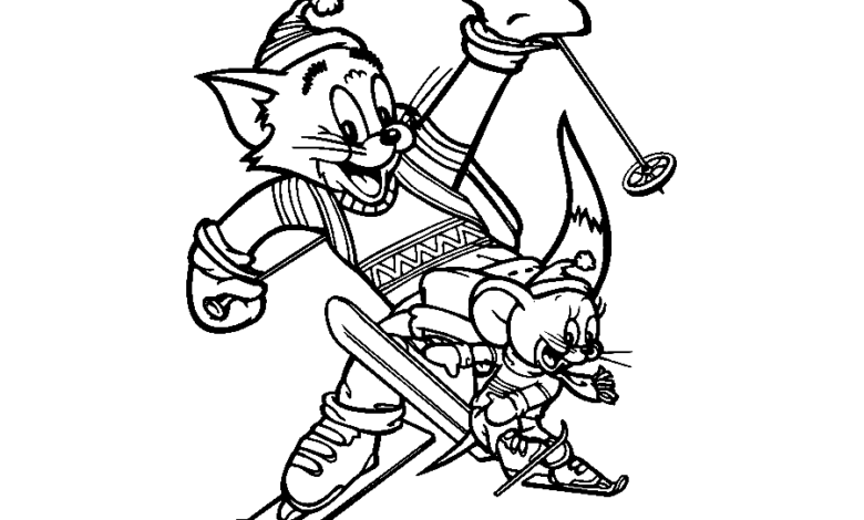 Tom Jerry Ski Winter Coloring Page